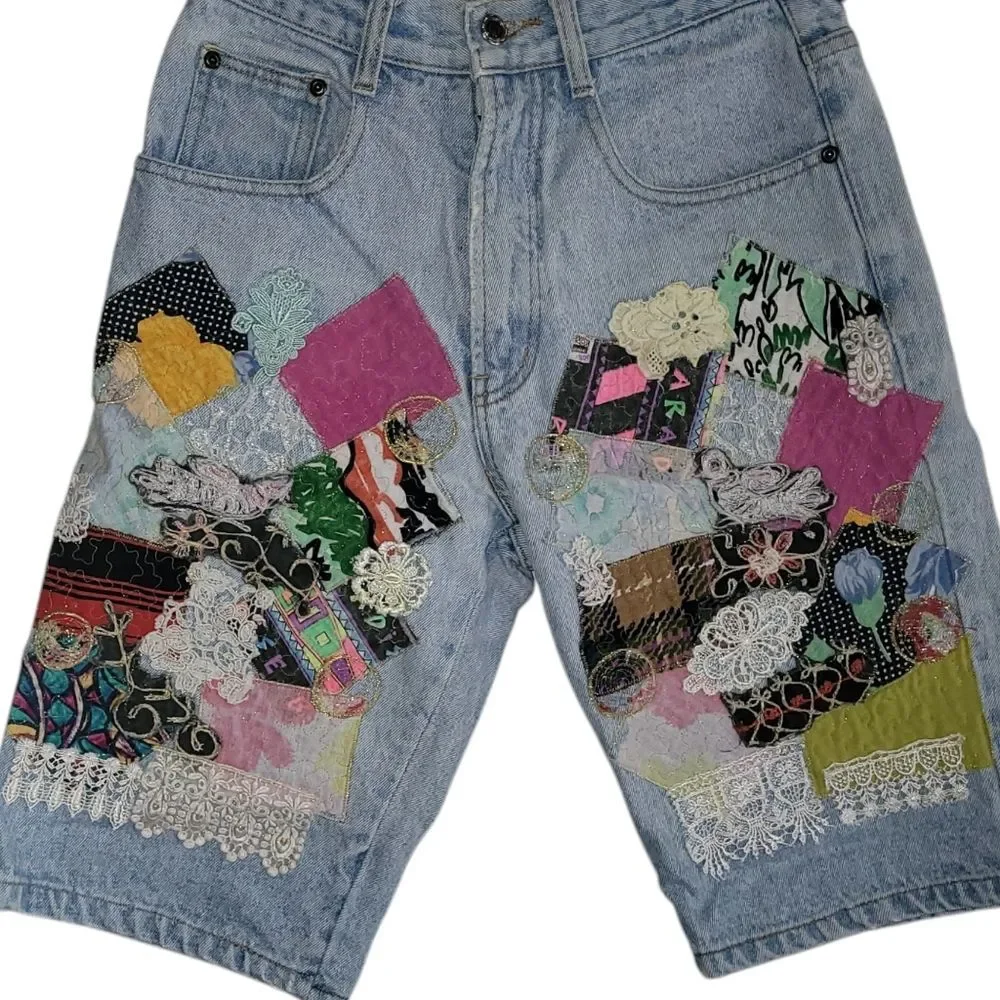 Its A Charlie Patchwork Long Denim Shorts Women's